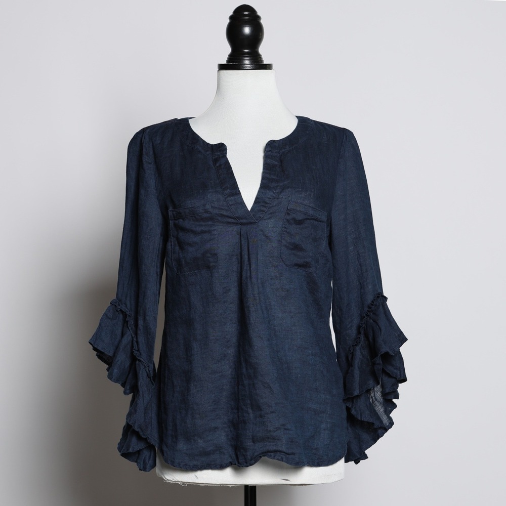 Boho Chic INC International Concepts Navy Blue Linen Ruffle Sleeve Blouse Small